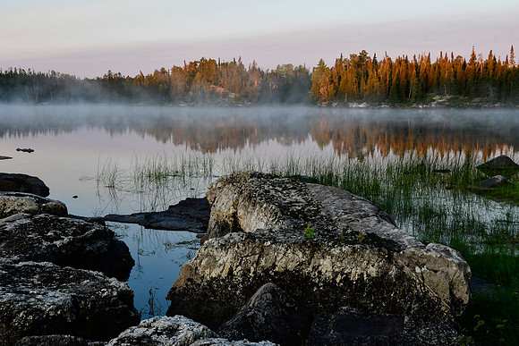 Early morning view from the island in the eastern bay of Keats Lake