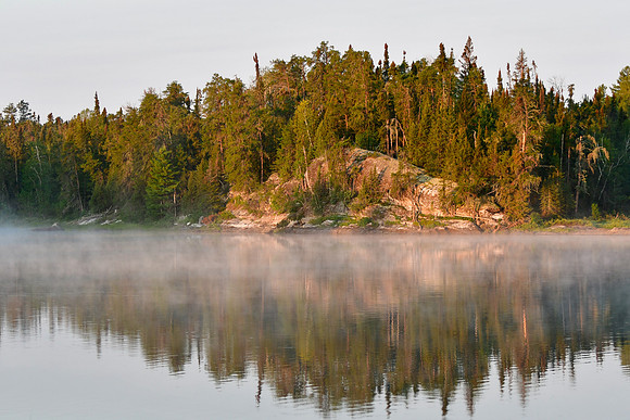 Early morning view from the island in the eastern bay of Keats Lake