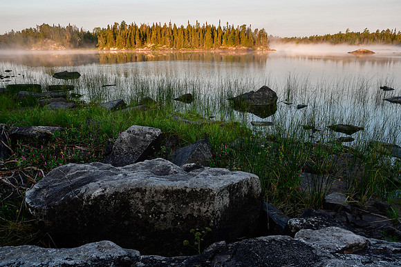 Early morning view from the island in the eastern bay of Keats Lake