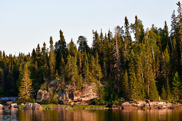 Evening light on the eastern shore of Keats Lake, with Snake Falls just visible on the left