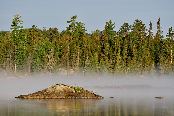 Early morning view from the island in the eastern bay of Keats Lake