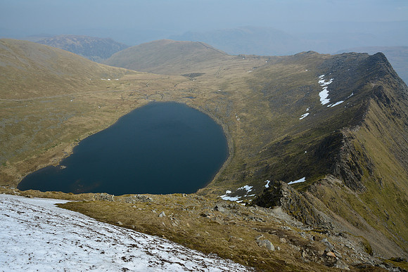 Looking down on Red Tarn and Striding Edge from Helvellyn, Lake District National Park
