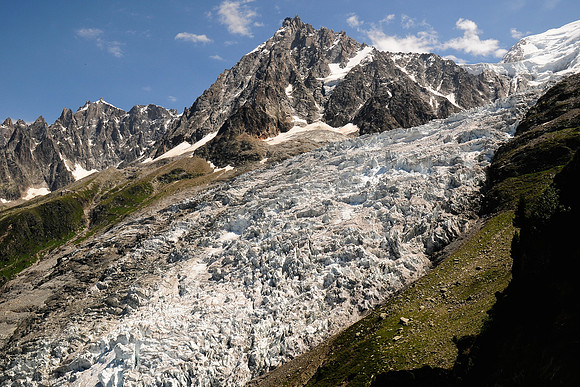 Looking up the Glacier des Bossons toward the Aiguille du Midi