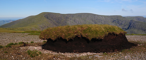 A peat hag on Meenteog's west ridge, with Coomacarrea and Teermoyle Mountain in the background, County Kerry