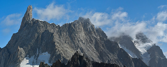 The Dent du Géant from the summit of Punta Helbronner, with the Dôme de Rochefort and Les Grandes Jorasses to the right