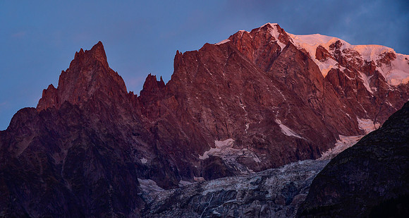 The Aiguille Noire de Peuterey and Mont Blanc before sunrise from Entrèves