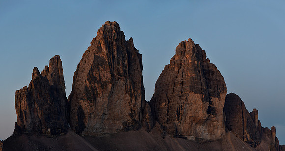 The Tre Cime di Lavaredo before sunrise from Rifugio Locatelli