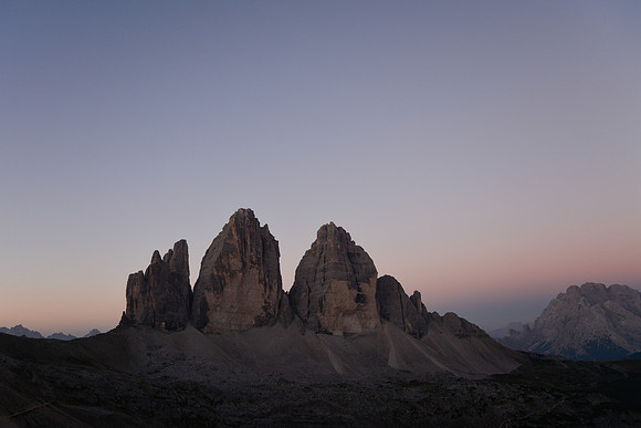 The Tre Cime di Lavaredo before sunrise from Rifugio Locatelli
