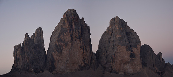 The Tre Cime di Lavaredo before sunrise from Rifugio Locatelli