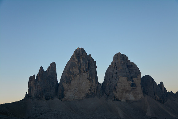 The Tre Cime di Lavaredo before sunrise from Rifugio Locatelli