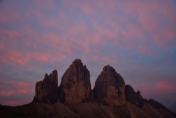 The Tre Cime di Lavaredo before sunrise from Rifugio Locatelli