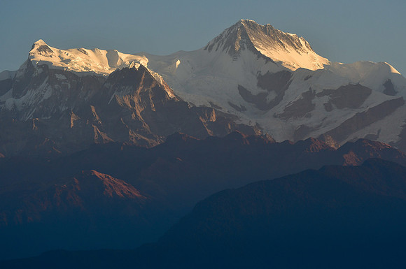 Early morning light on Annapurna IV and Annapurna II from the ridge south of Phewa Lake