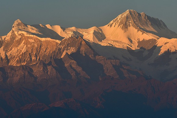 Sunset on Annapurna IV and Annapurna II from the ridge south of Phewa Lake