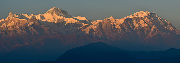 Sunset on Annapurna IV, Annapurna II and Lamjung Himal from the ridge south of Phewa Lake