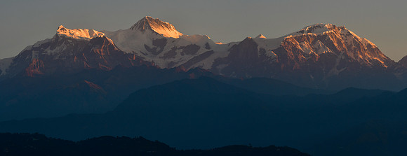 Sunrise on Annapurna IV, Annapurna II and Lamjung Himal from the ridge south of Phewa Lake