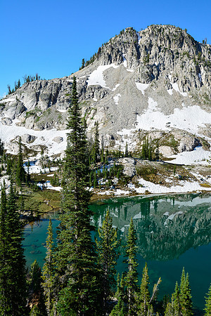Peak 9296 and the largest of the three lakes west of Mount Everly, Sawtooth Wilderness