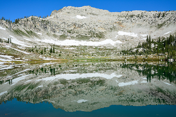 Peak 9704 from the largest of the three lakes west of Mount Everly, Sawtooth Wilderness