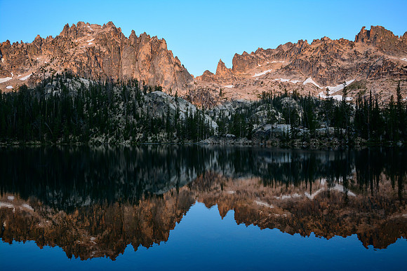 Monte Verita and Warbonnet Peak's northeast ridge from Upper Baron Lake, Sawtooth Wilderness