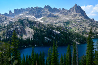 Warbonnet Peak's northeast ridge from the ridge between Baron Lake and Upper Baron lake, Sawtooth Wilderness