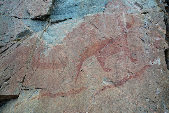 Misshepezhieu (the Great Lynx), the canoe and the serpents, Agawa Rock Pictographs, Lake Superior Provincial Park