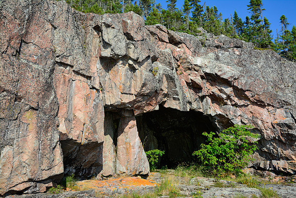 Namesake Cave on the point between Fish Harbour and Cave Harbour, Pukaskwa National Park