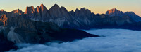Sunrise on the Odle from Rifugio Plose, with Sassolungo on the right