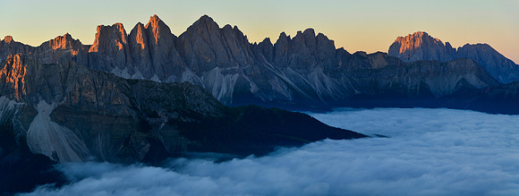 Sunrise on the Odle from Rifugio Plose, with Sassolungo on the right