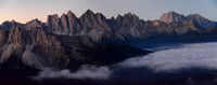 The Odle before sunrise from Rifugio Plose, with Sassolungo on the right