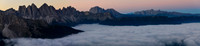 The Odle and Sassolungo before sunrise from Rifugio Plose, with the Catinaccio group in the distance on the right