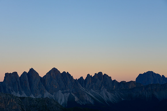 The Odle at twilight from Rifugio Plose, with Sassolungo on the right