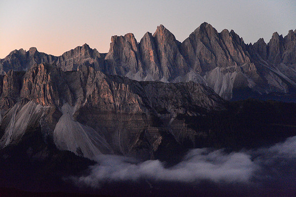 The Odle before sunrise from Rifugio Plose