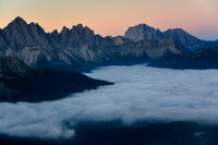 The Odle before sunrise from Rifugio Plose, with Sassolungo on the right