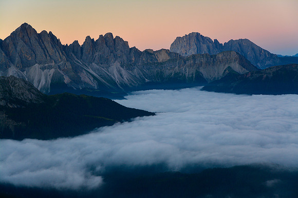 The Odle before sunrise from Rifugio Plose, with Sassolungo on the right