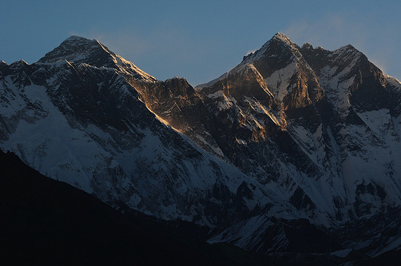 Mount Everest behind the Nuptse-Lhotse Ridge, from Namche Bazaar