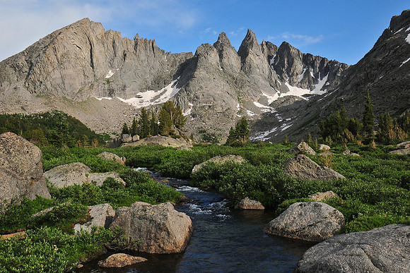 Overhanging Tower and Shark's Nose from below Shadow Lake, Wind River Range