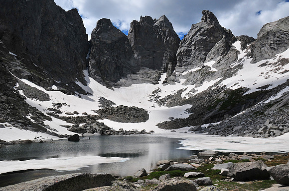 Block Tower, Shark's Nose and Overhanging Tower above Cirque Lake, Cirque of the Towers, Wind River Range