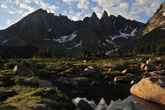 Overhanging Tower and Shark's Nose from below Shadow Lake, Wind River Range