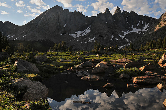 Overhanging Tower and Shark's Nose from below Shadow Lake, Wind River Range