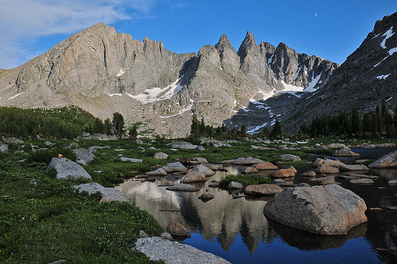 Overhanging Tower and Shark's Nose from below Shadow Lake, Wind River Range