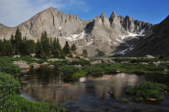 Overhanging Tower and Shark's Nose from below Shadow Lake, Wind River Range