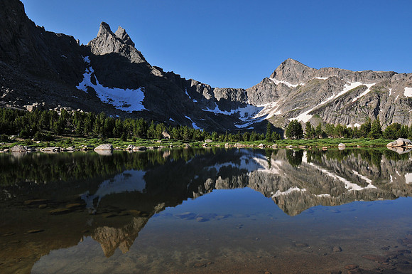 Billy's Lake with Overhanging Tower and Shark's Nose on the left, Wind River Range