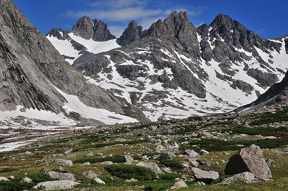 Mount Woodrow Wilson, The Sphinx, Bob's Tower and Miriam Peak above Titcomb Basin, Wind River Range