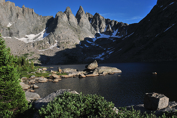 Overhanging Tower and Shark's Nose above Shadow Lake, Wind River Range