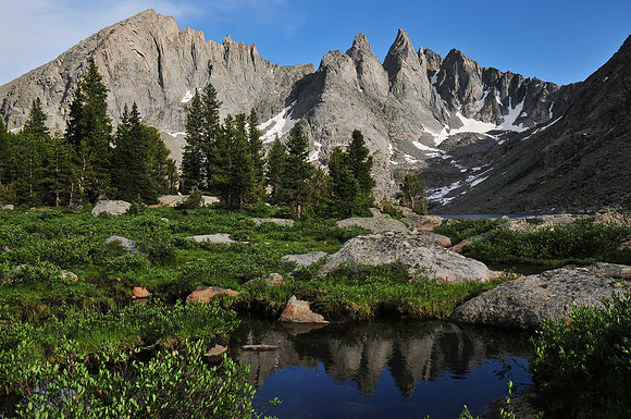 Overhanging Tower and Shark's Nose from below Shadow Lake, Wind River Range