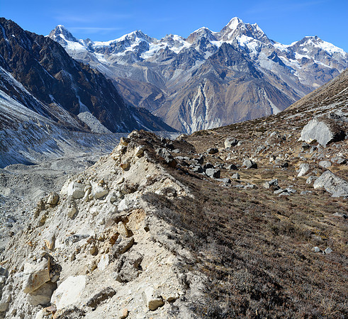 Looking west toward Sarphu from the northern moraine of the Kumbhakarna Glacier