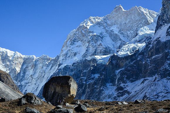 The north face of Jannu from the northern moraine of the Kumbhakarna Glacier