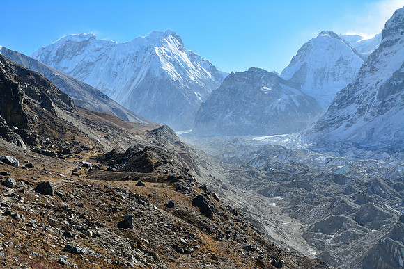 Tent Peak and Nepal Peak from the northern moraine of the Kanchenjunga Glacier