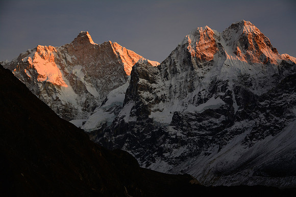 Sunset on Jannu, Sobi Thongje and  Phole from the hill just south of Kambachen