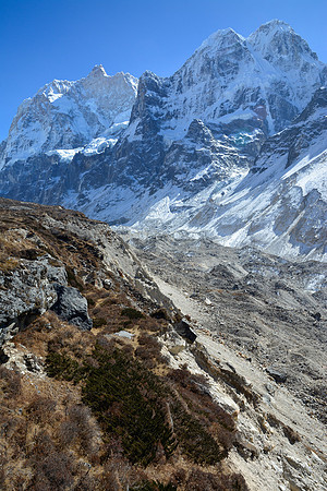 Jannu, Sobi Thongje and  Phole from the northern moraine of the Kumbhakarna Glacier