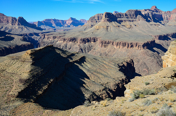 Descending the Hermit Trail near Cope Butte, with the Tower of Ra at the top right